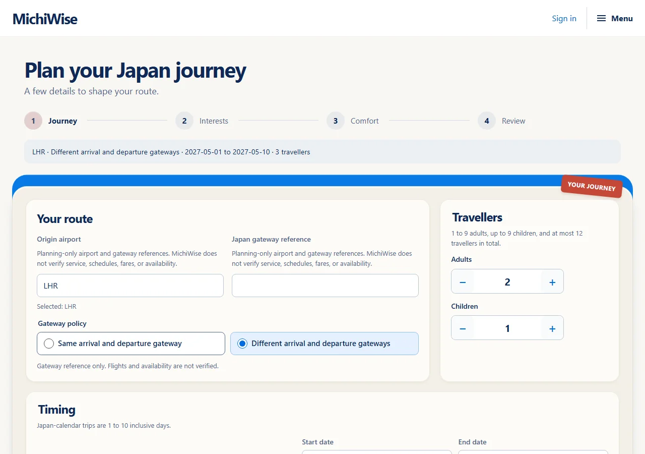 Static sample Journey panel filled for a ten-day Japan trip from London Heathrow, with two adults and one child.