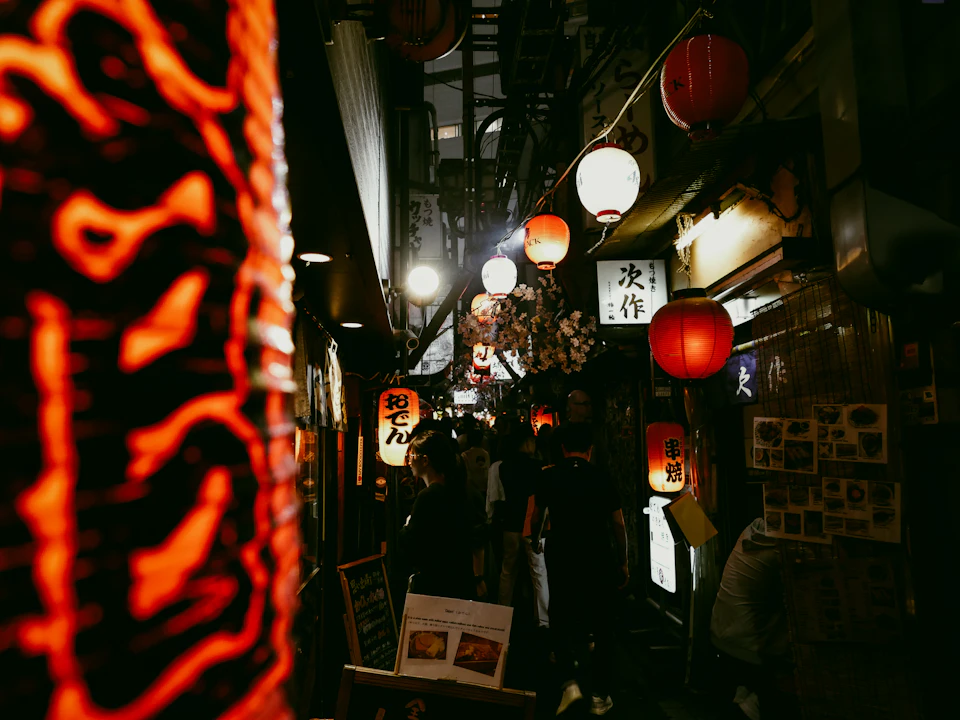 Lanterns illuminate a narrow Tokyo neighbourhood lane at night.